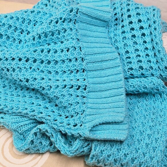 a.n.a. A NEW APPROACH TURQUOISE BLUE POINTELLE OPEN KNIT PULLOVER SWEATER LARGE - Picture 5 of 8